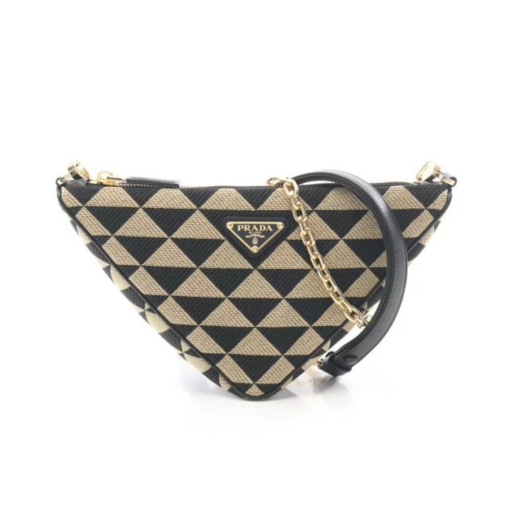 Prada Triangle Shoulder Bag Canvas Leather Beige Cream Black